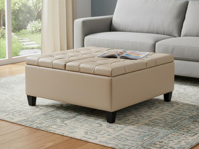 36" Cream and Espresso Leather Cocktail Ottoman With Storage