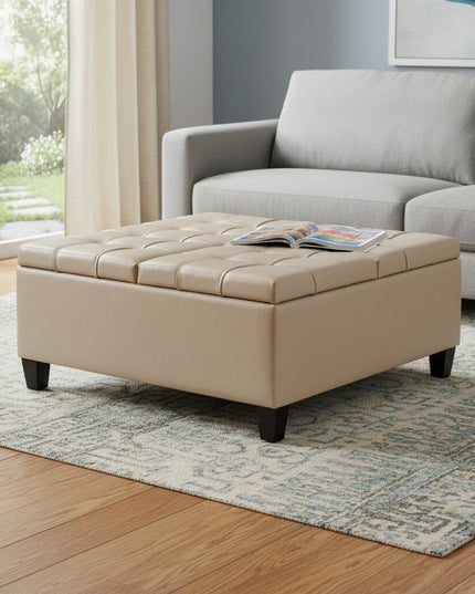 36" Cream and Espresso Leather Cocktail Ottoman With Storage