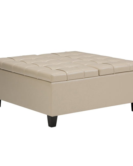 36" Cream and Espresso Leather Cocktail Ottoman With Storage