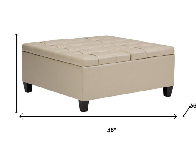 36" Cream and Espresso Leather Cocktail Ottoman With Storage