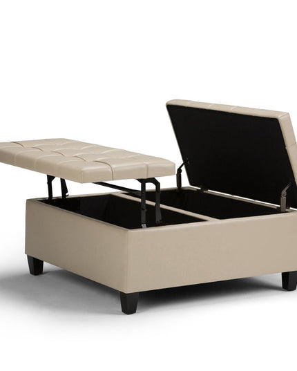 36" Cream and Espresso Leather Cocktail Ottoman With Storage