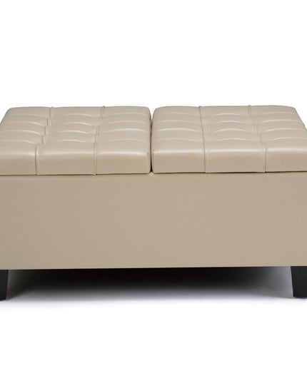 36" Cream and Espresso Leather Cocktail Ottoman With Storage
