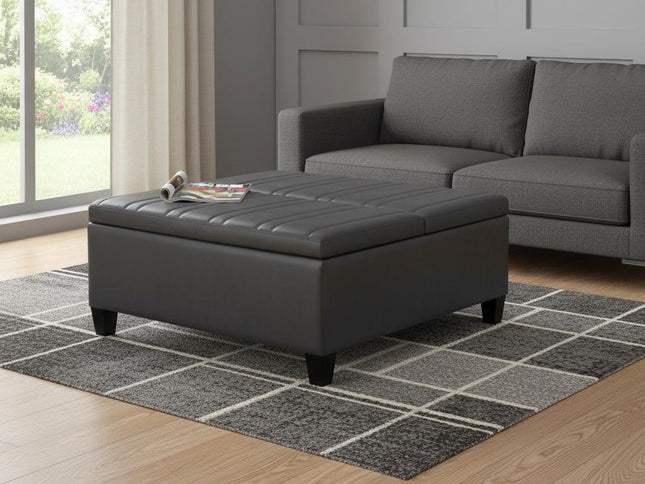 36" Gray and Espresso Leather Cocktail Ottoman With Storage