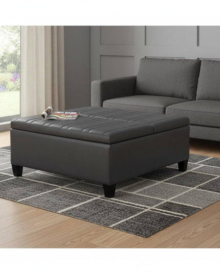 36" Gray and Espresso Leather Cocktail Ottoman With Storage