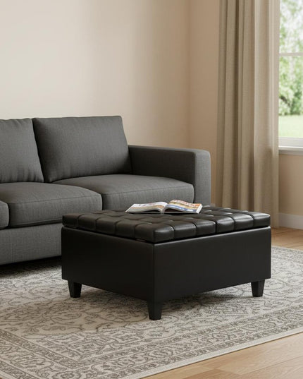30" Black Leather Cocktail Ottoman With Storage