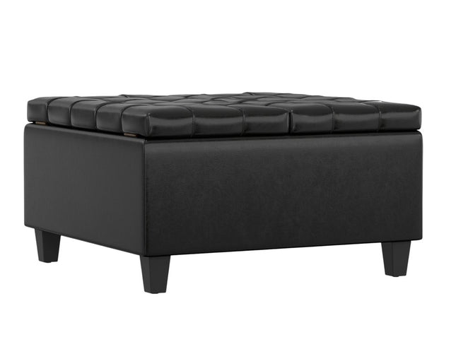 30" Black Leather Cocktail Ottoman With Storage