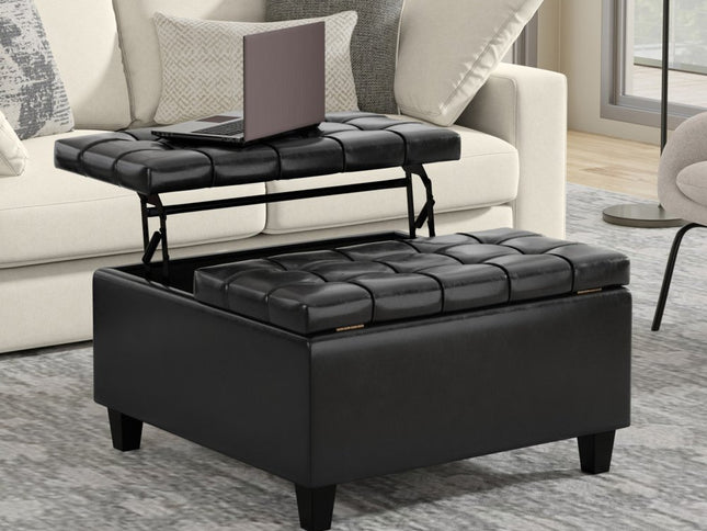 30" Black Leather Cocktail Ottoman With Storage