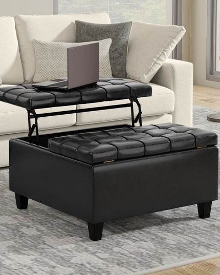 30" Black Leather Cocktail Ottoman With Storage