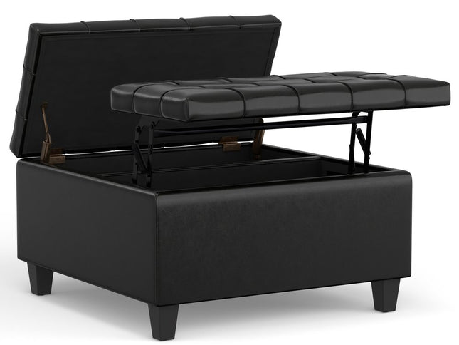 30" Black Leather Cocktail Ottoman With Storage