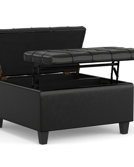 30" Black Leather Cocktail Ottoman With Storage
