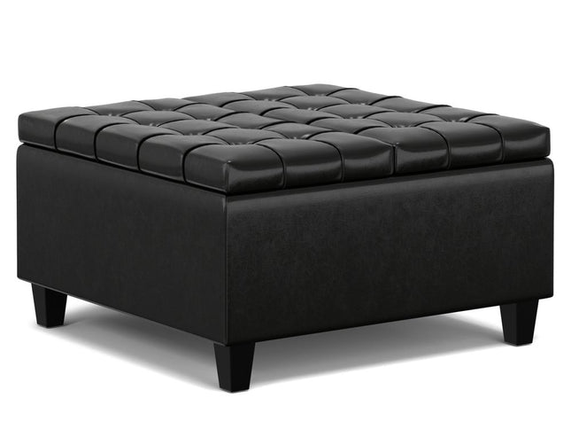 30" Black Leather Cocktail Ottoman With Storage