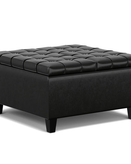 30" Black Leather Cocktail Ottoman With Storage