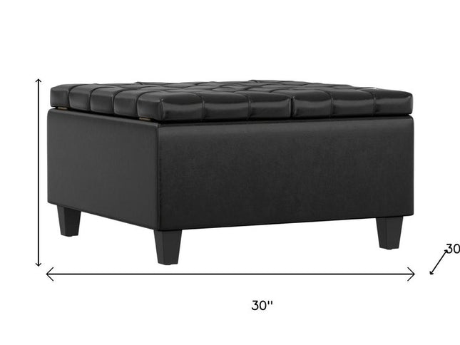 30" Black Leather Cocktail Ottoman With Storage