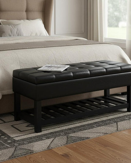 43" Black and Espresso Leather Ottoman With Storage