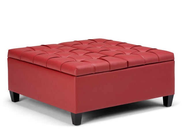 36" Red and Espresso Leather Cocktail Ottoman With Storage