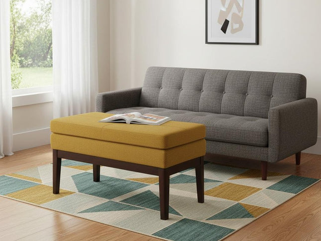 26" Yellow and Dark Brown Fabric Ottoman