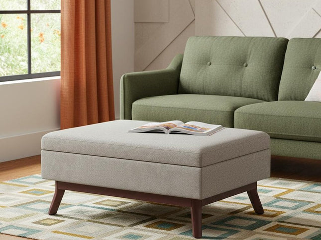 34" Gray and Brown Fabric Cocktail Ottoman With Storage