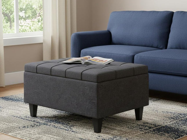 34" Gray and Dark Brown Linen Cocktail Ottoman With Storage