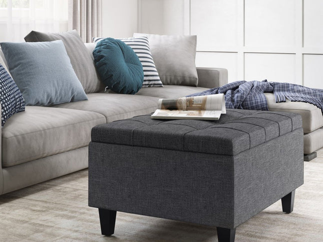 34" Gray and Dark Brown Linen Cocktail Ottoman With Storage