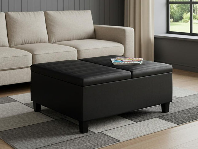 36" Black and Espresso Leather Cocktail Ottoman With Storage