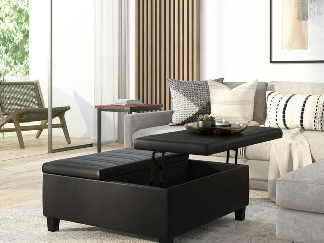 36" Black and Espresso Leather Cocktail Ottoman With Storage