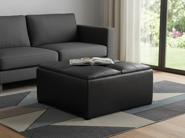 35" Black Leather Cocktail Ottoman With Storage