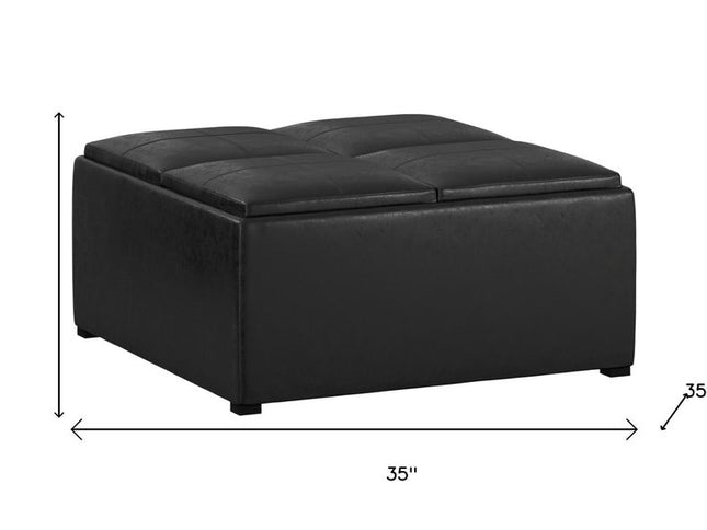 35" Black Leather Cocktail Ottoman With Storage