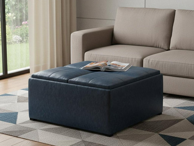 35" Blue and Dark Brown Leather Cocktail Ottoman With Storage