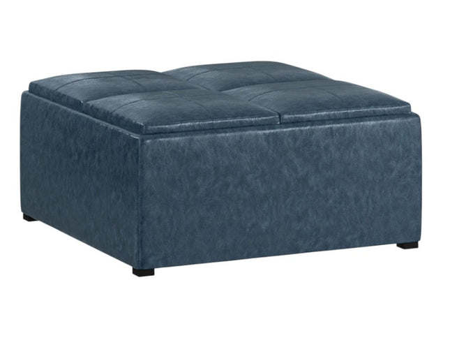 35" Blue and Dark Brown Leather Cocktail Ottoman With Storage