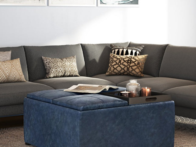 35" Blue and Dark Brown Leather Cocktail Ottoman With Storage