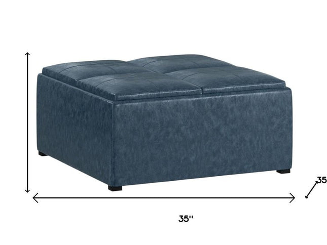 35" Blue and Dark Brown Leather Cocktail Ottoman With Storage