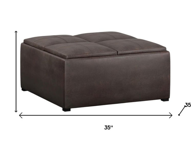 35" Brown and Black Leather Cocktail Ottoman With Storage