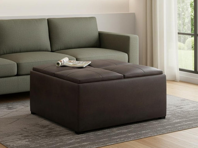 35" Brown and Black Leather Cocktail Ottoman With Storage