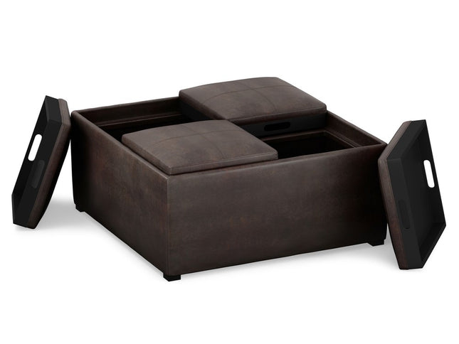35" Brown and Black Leather Cocktail Ottoman With Storage
