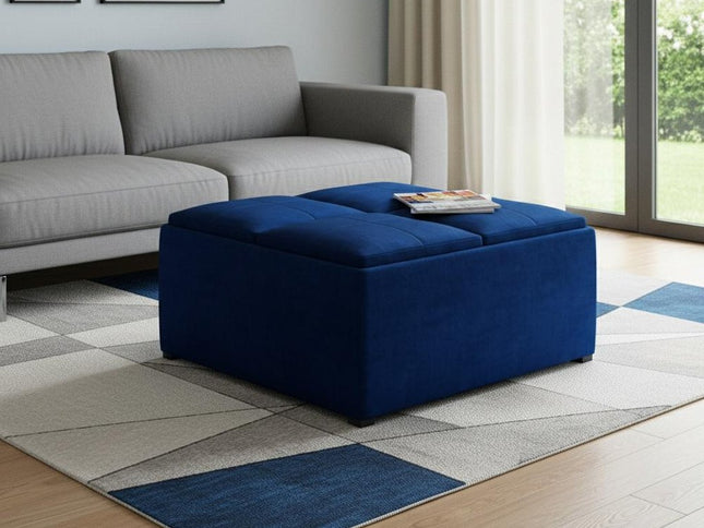 35" Blue and Black Velvet Cocktail Ottoman With Storage