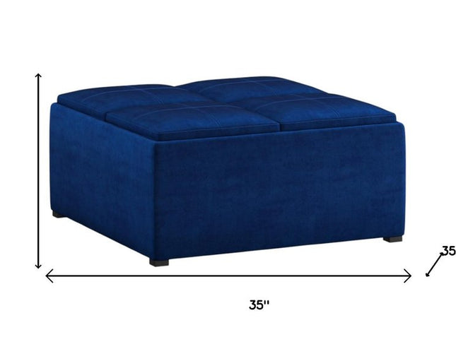 35" Blue and Black Velvet Cocktail Ottoman With Storage