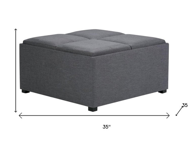 35" Gray and Dark Brown Fabric Cocktail Ottoman With Storage