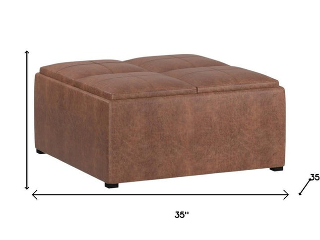 35" Brown and Black Leather Cocktail Ottoman With Storage
