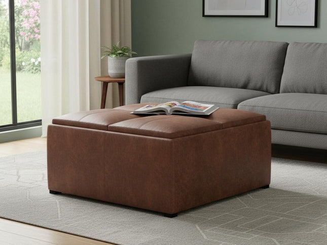 35" Brown and Black Leather Cocktail Ottoman With Storage