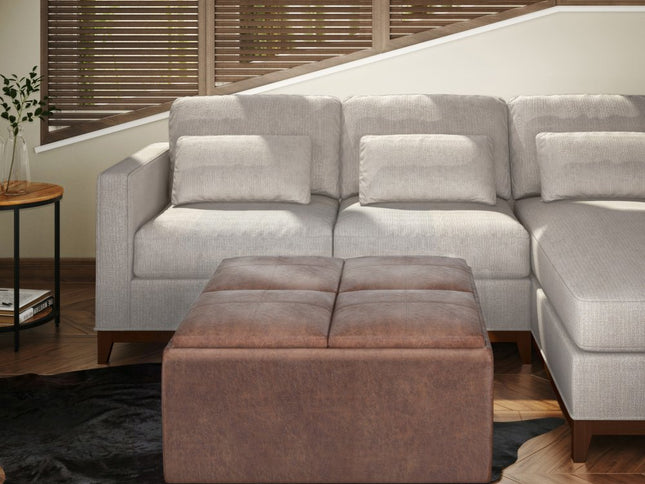 35" Brown and Black Leather Cocktail Ottoman With Storage