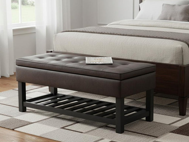 44" Brown and Dark Brown Leather Ottoman With Storage