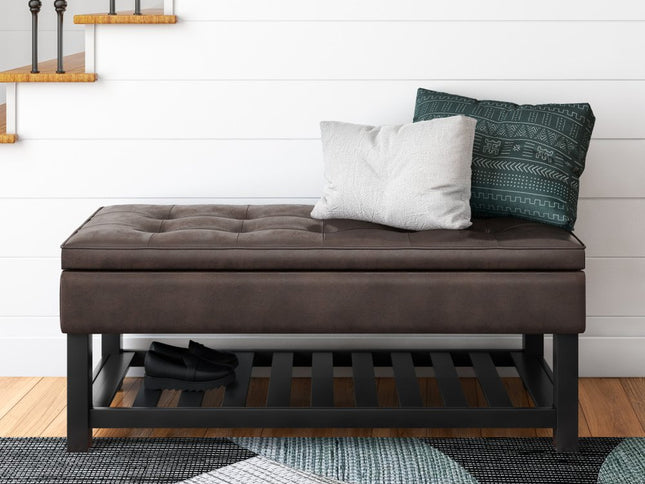 44" Brown and Dark Brown Leather Ottoman With Storage