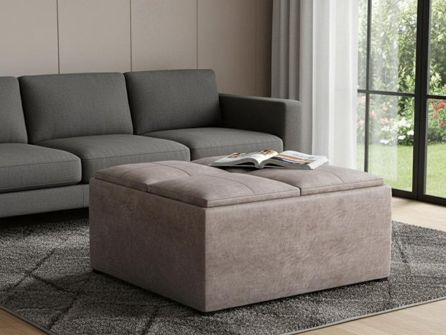 35" Gray and Black Leather Cocktail Ottoman With Storage