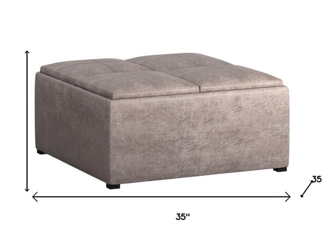 35" Gray and Black Leather Cocktail Ottoman With Storage
