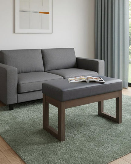 27" Gray and Brown Leather Footstool