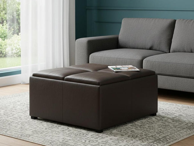 35" Brown and Dark Brown Leather Cocktail Ottoman With Storage