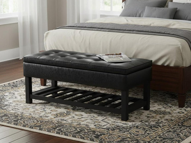 44" Black and Dark Brown Leather Ottoman With Storage