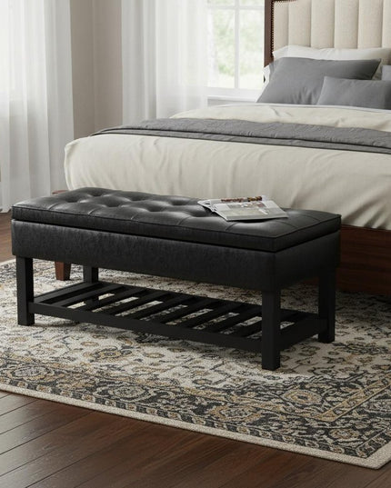 44" Black and Dark Brown Leather Ottoman With Storage