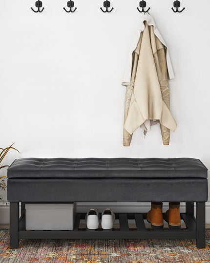 44" Black and Dark Brown Leather Ottoman With Storage