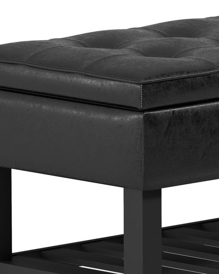 44" Black and Dark Brown Leather Ottoman With Storage